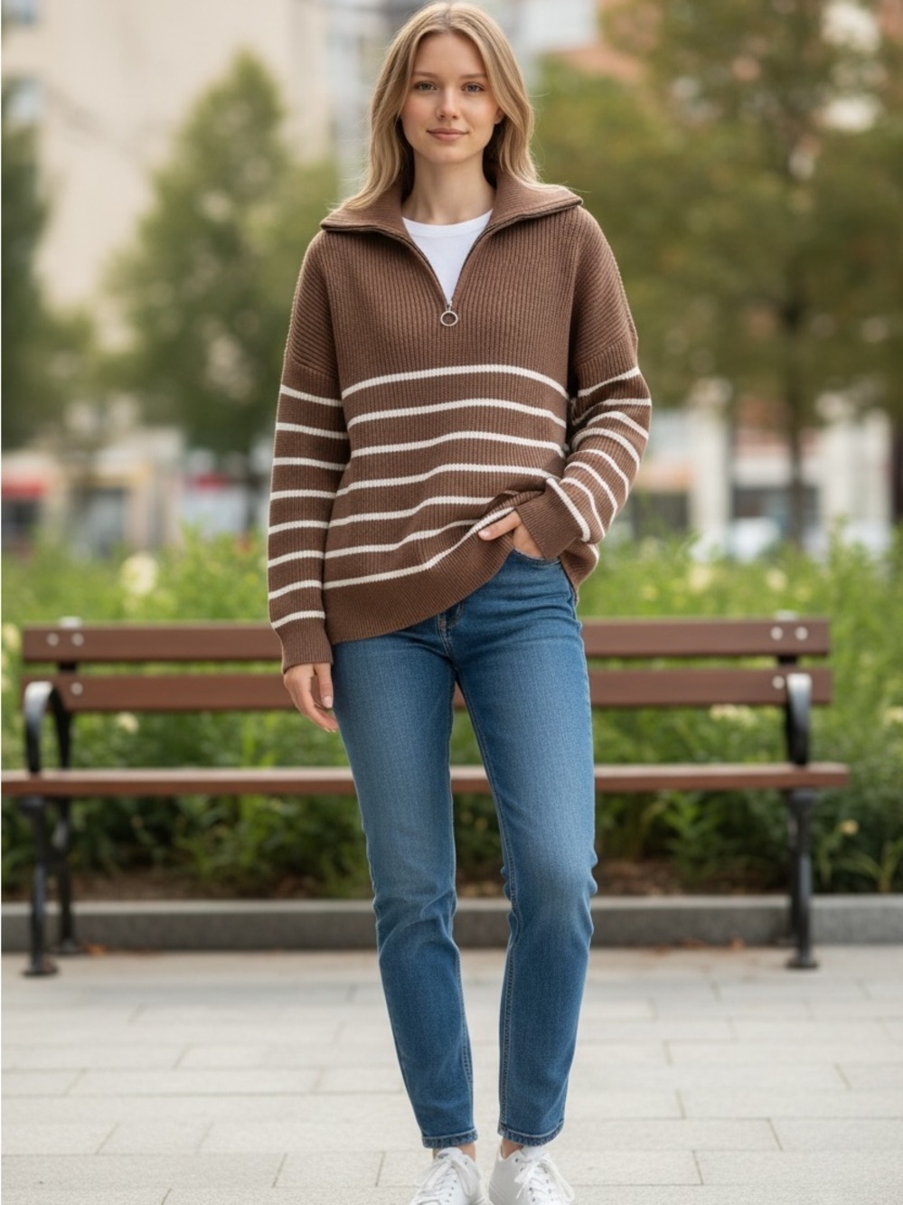 Striped Brown Half‑Zip Cowl Neck Sweater